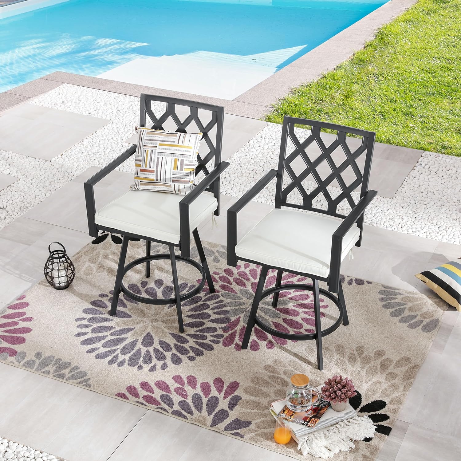 LOKATSE HOME Outdoor Patio Swivel Bar Stools Metal Height Back Chairs with Armrest and Seat Cushion for Backyard Deck Lawn Garden, Set of 2