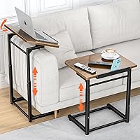 Dataroad Selead TV Tray Table: 8-Level Height, 90° Tilt C-Shaped Adjustable Sofa Side End Table with Phone Slot (Brown)