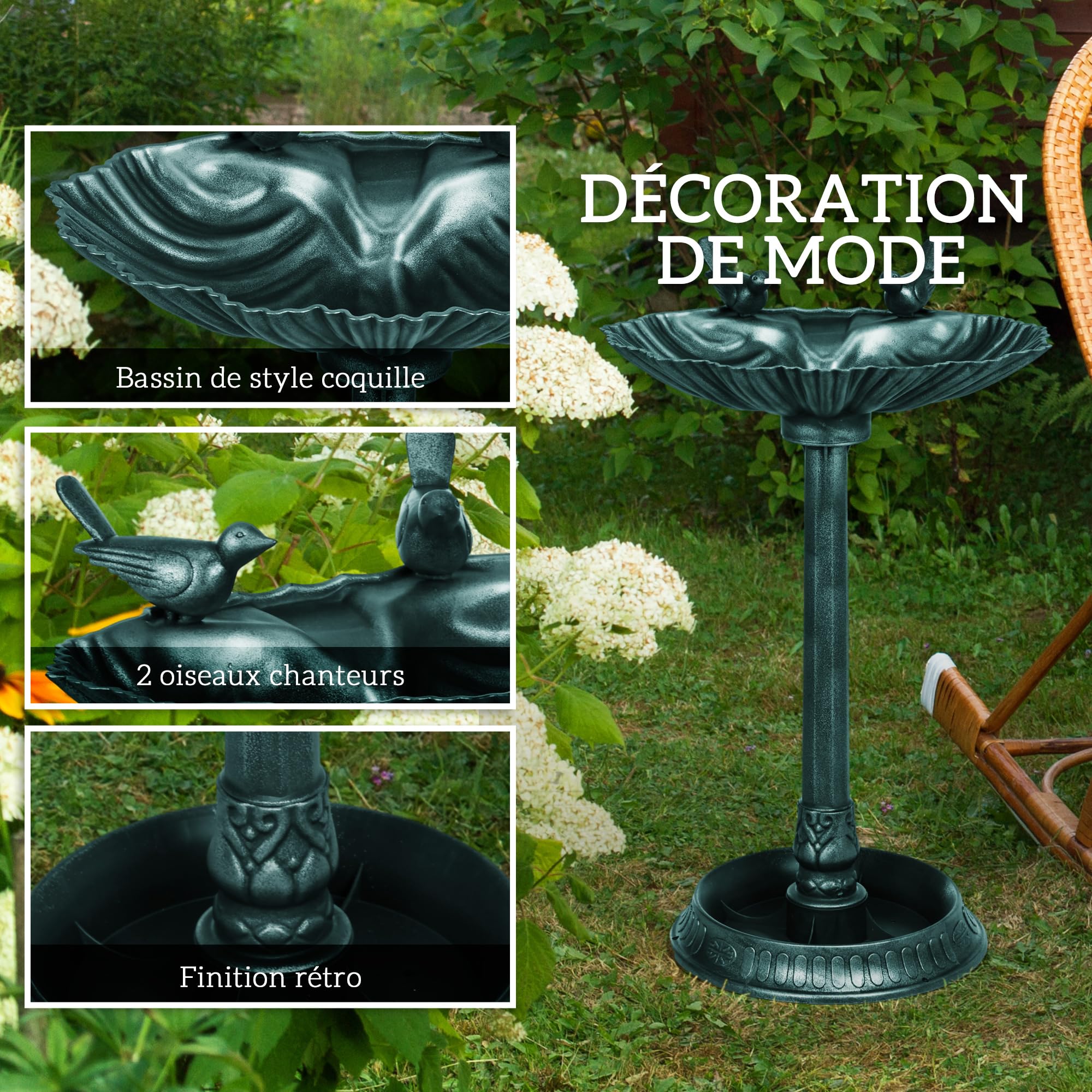 Outsunny Bain d'oiseaux Antique 81 cm avec Base de jardinière, Mangeoire, Bassin sur Pied, Style Vintage, Bronze Vert