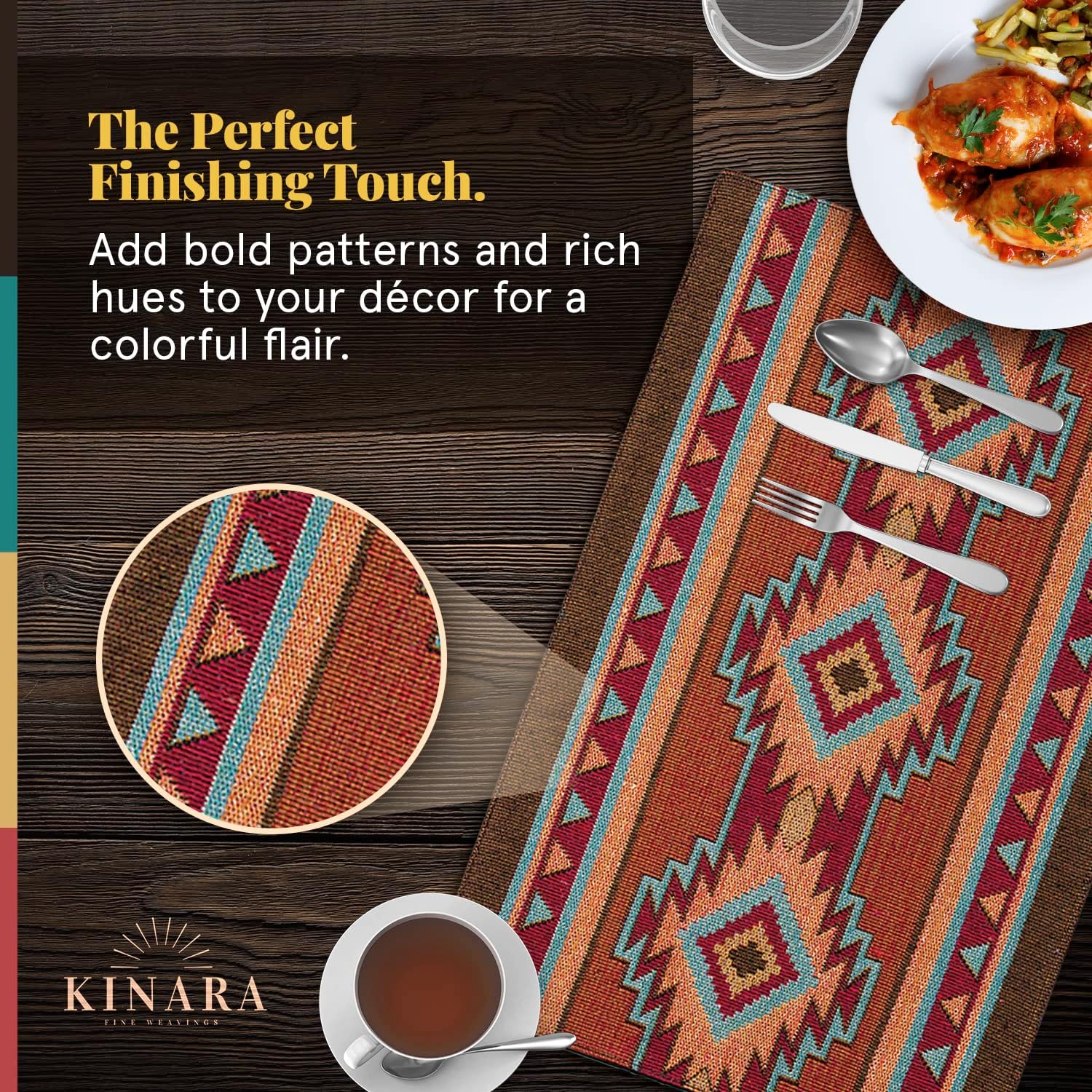 Kinara Luna Placemat Set – Southwestern Native American Design – Beautiful and Unique Pattern – Fine Weaving Four 12.25x19 inch Placemats.