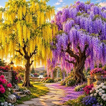 Weeping Flowering Tree Bundle | 2 Golden Chain Trees & 2 Chinese Wisteria Saplings | Dormant Ornamental Weeping Bloom Trees for Gardens & Landscapes | Ship Bare Root