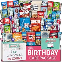 Gift A Snack - Happy Birthday Snack Box Variety Pack Care Package + Greeting Card (60 Count) Bday Sweet Treats Gift Basket, Candies Chips Crackers Bars - Office Food Assortments