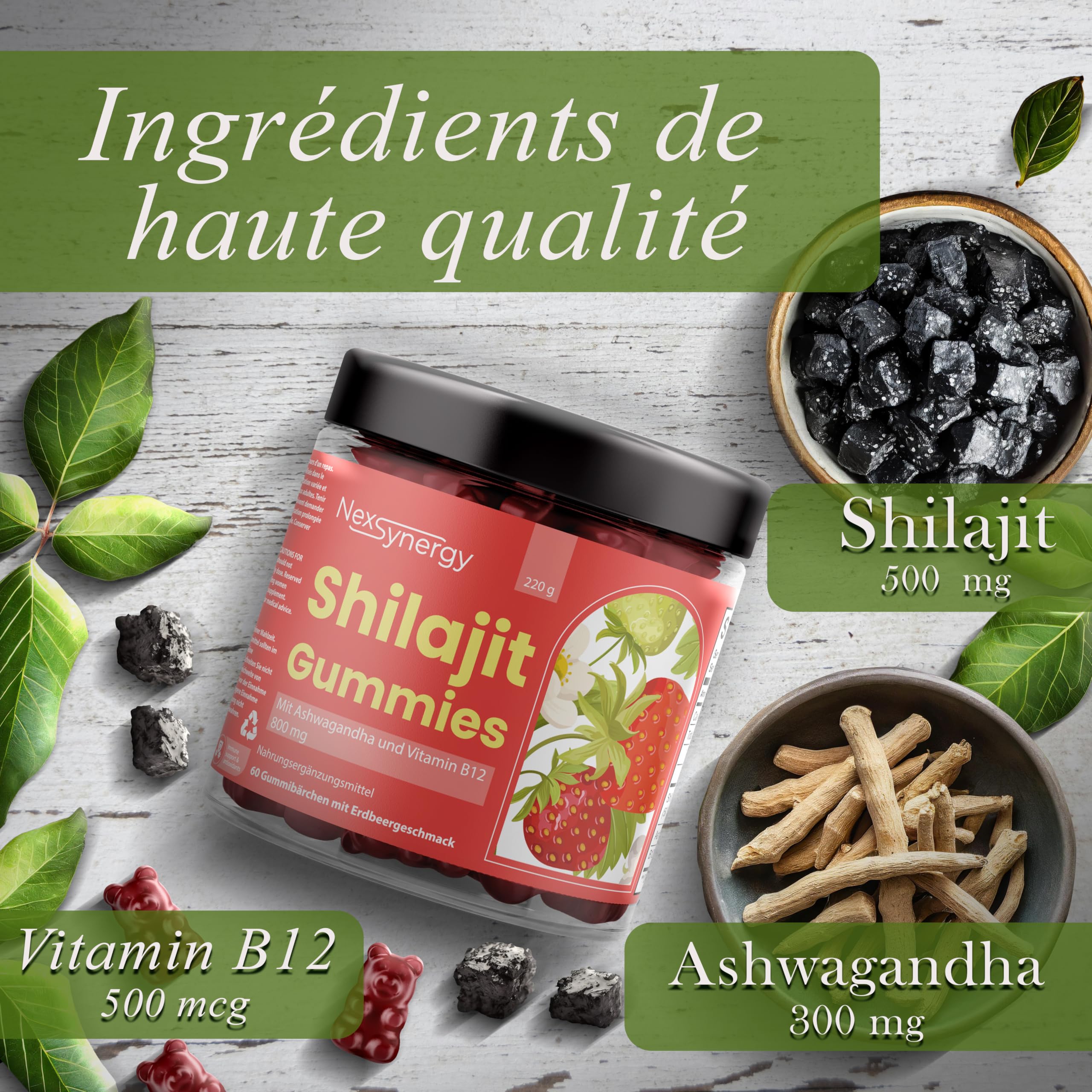 Gummies SHILAJIT avec ASHWAGANDHA et VITAMINE B12 | 800mg par Portion | 60 gommes Saveur Fraise | 50% d'Acide Fulvique | 100% Naturel, Végan et Sans Gluten