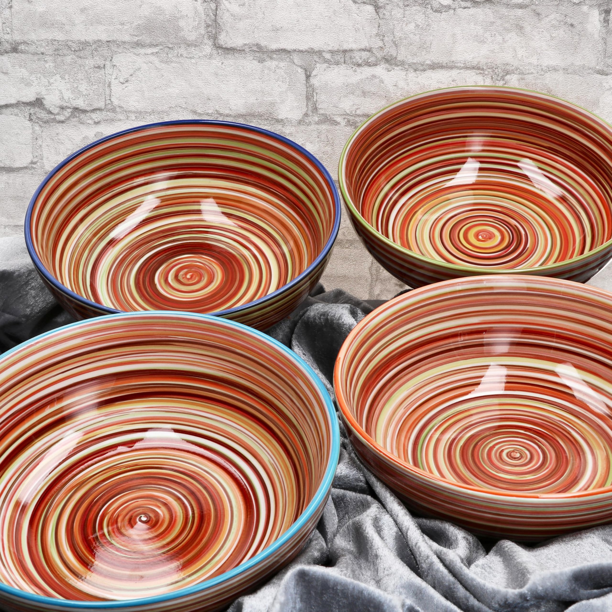 MamboCat Linea - Lot de 4 bols à spaghetti profonds - Diamètre : 22,5 cm - 1,25 l - Assiettes à pâtes méditerranéennes rayées avec 4 bords colorés - Pour 4 personnes - Vaisselle en faïence