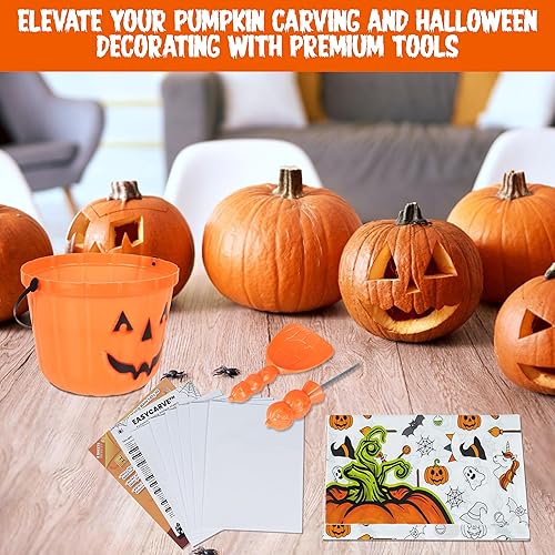 Miniatura 6 de Kit de fiesta de tallado de calabaza de Halloween, 8 cuchillos, cucharas, hojas de plantillas de bricolaje, cubos intestinales y cubierta de mesa,