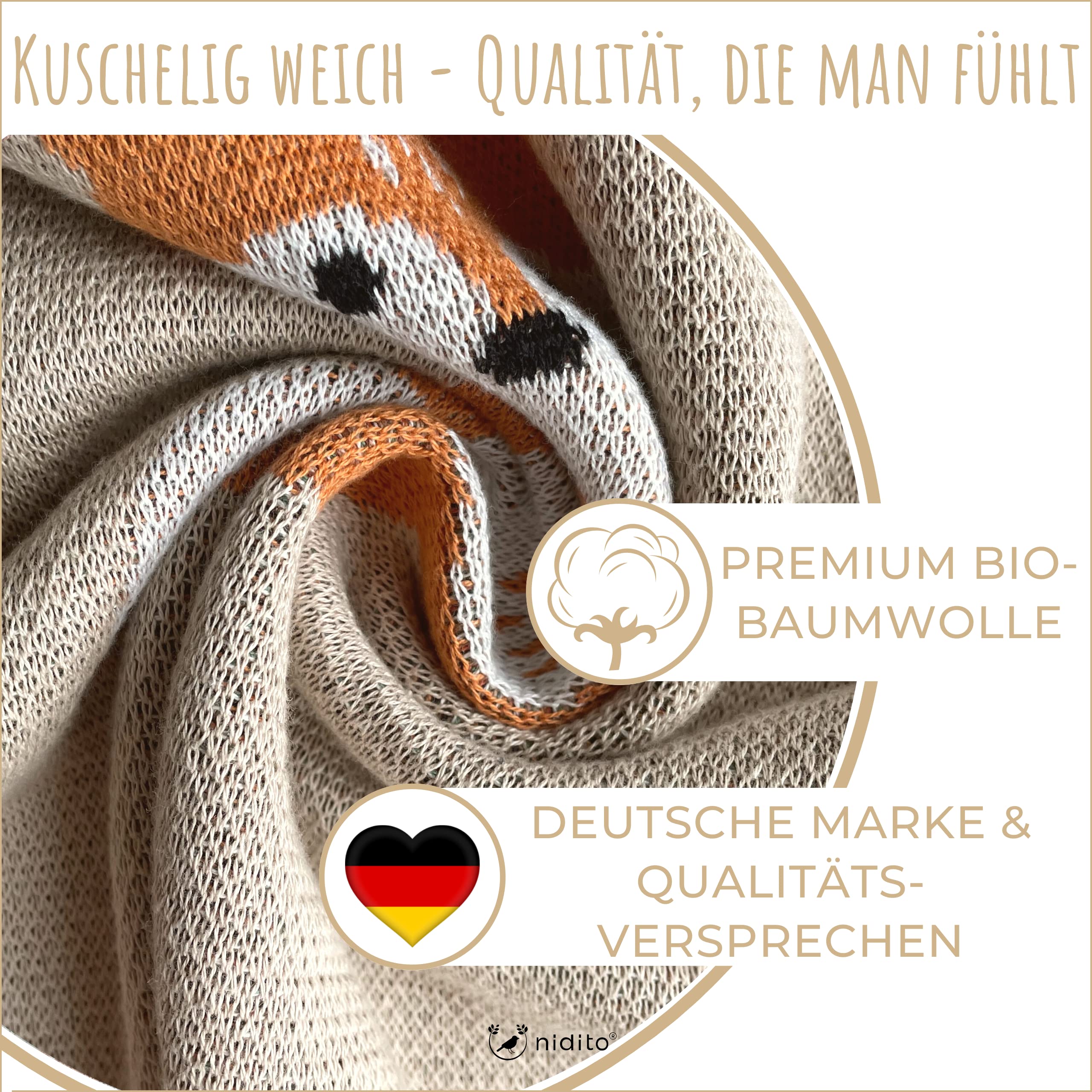 Hochwertige Bio Babydecke Baumwolle Beige Fuchs - 100% GOTS Bio-Baumwolle - 80x100 cm - herrlich weich | Babydecke Mädchen Junge | Baby Wolldecke | Kuscheldecke | Baby-Geschenk zur Geburt