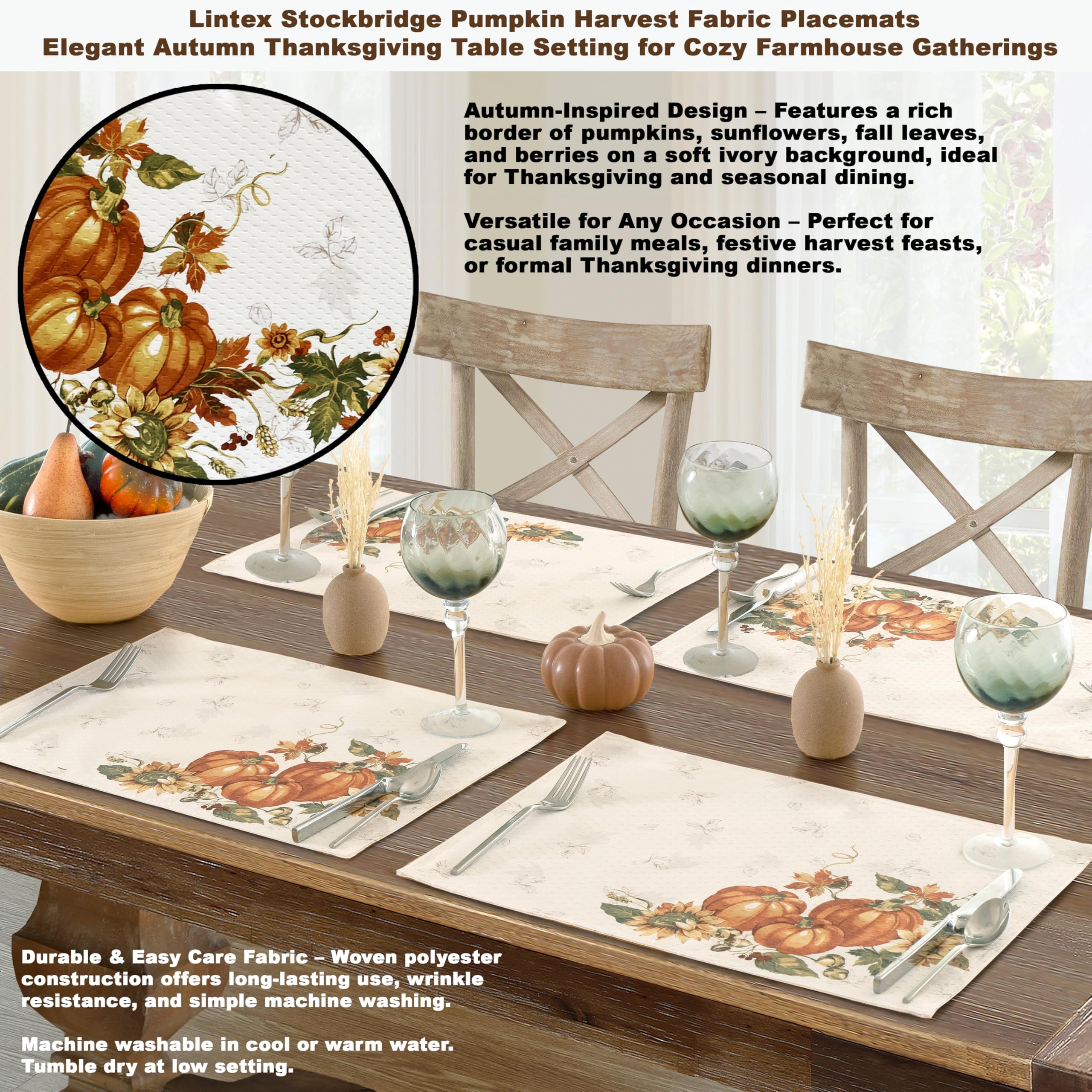 Lintex Stockbridge - Mantel de tela de fácil cuidado con diseño de calabaza, diseño de flores y bellota, 150 x 144 cm
