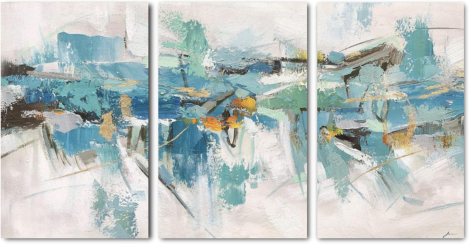 Yihui Arts 3 Piece Abstract Canvas Wall Art with Textured Light Blue Teal Color Painting Pictures Set with Gold Foil Artwork for Living Room Bedroom Bathroom Decor - Image 2