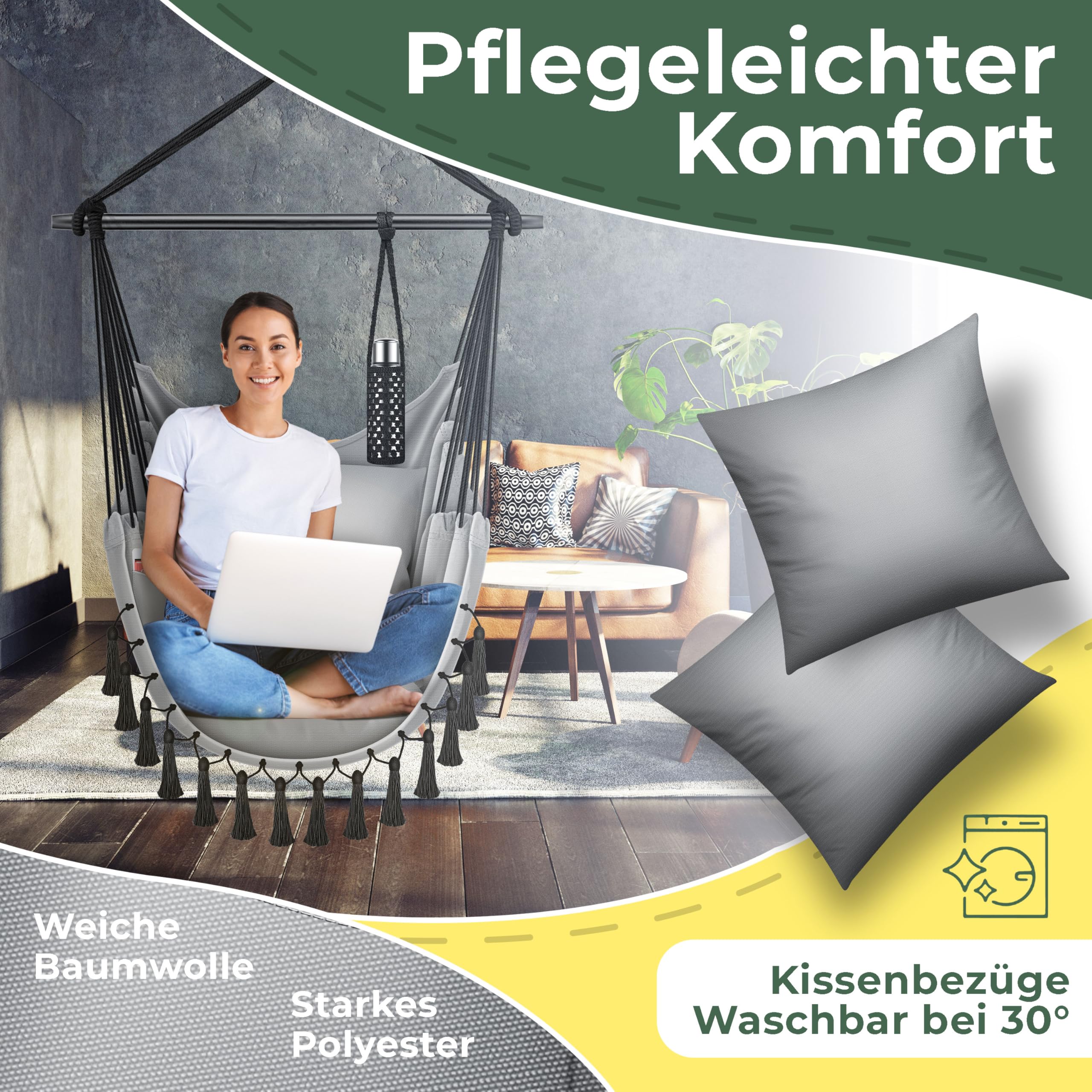 KESSER® Hängesessel Safari XXL Hängestuhl für Erwachsene & Kinder Hängematte bis 150 kg Hängesitz Aufhängung Indoor-Outdoor-Wohnen Inkl. Tragetasche, 2 Kissen, Getränkehalter & Bücherfach, Grau