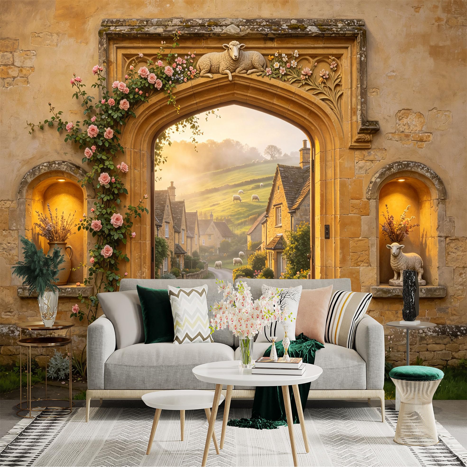 Custom Size Wall Sticker Mural， Rustic Village Archway with Sheep and Roses， Countryside Sunset Path， for wall Decoration， peelandstick wall Decals.