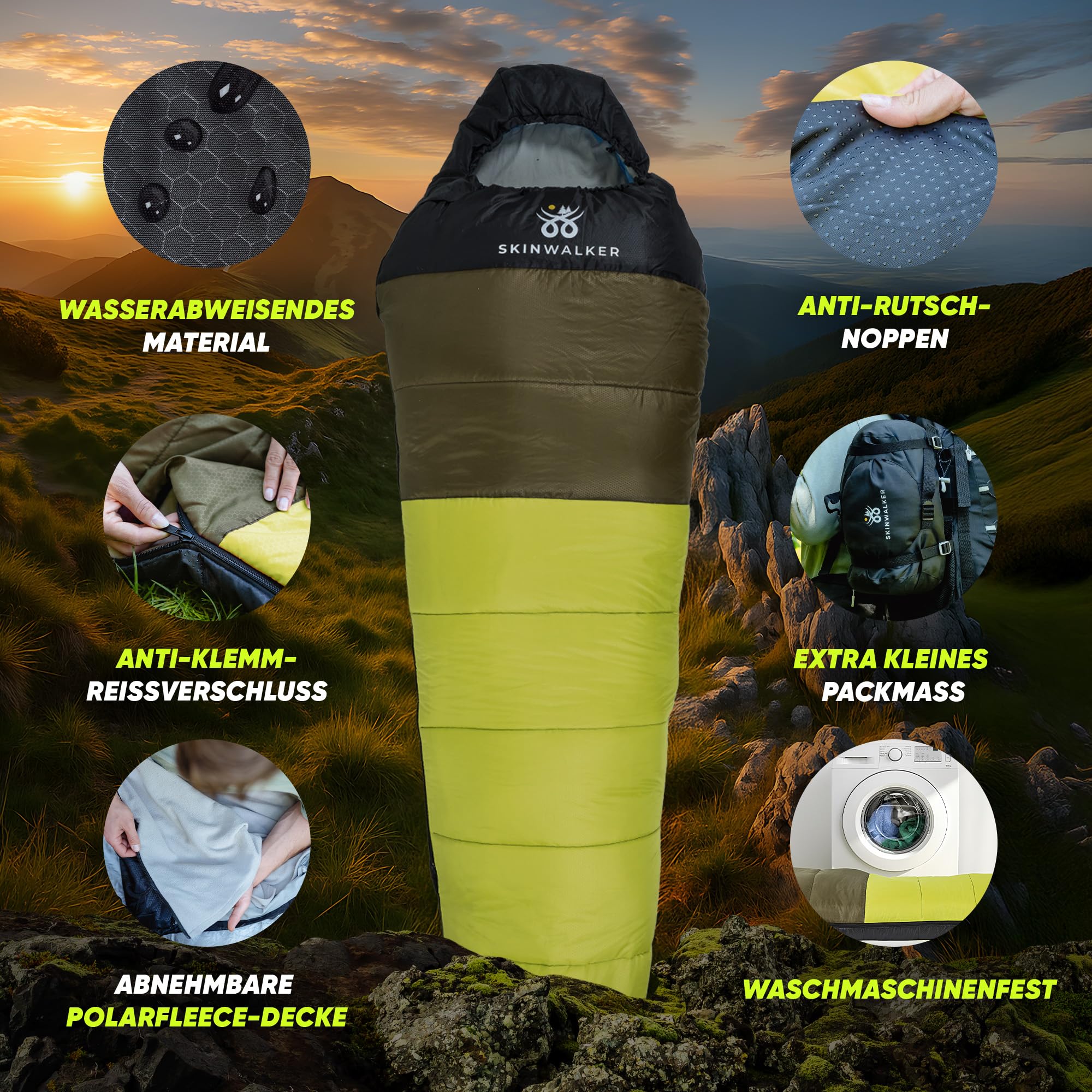 SKINWALKER Saco de dormir para 3 – 4 estaciones con [forro polar interior extraíble] para invierno y verano [tamaño pequeño del paquete] saco de dormir momia impermeable para exterior y camping saco