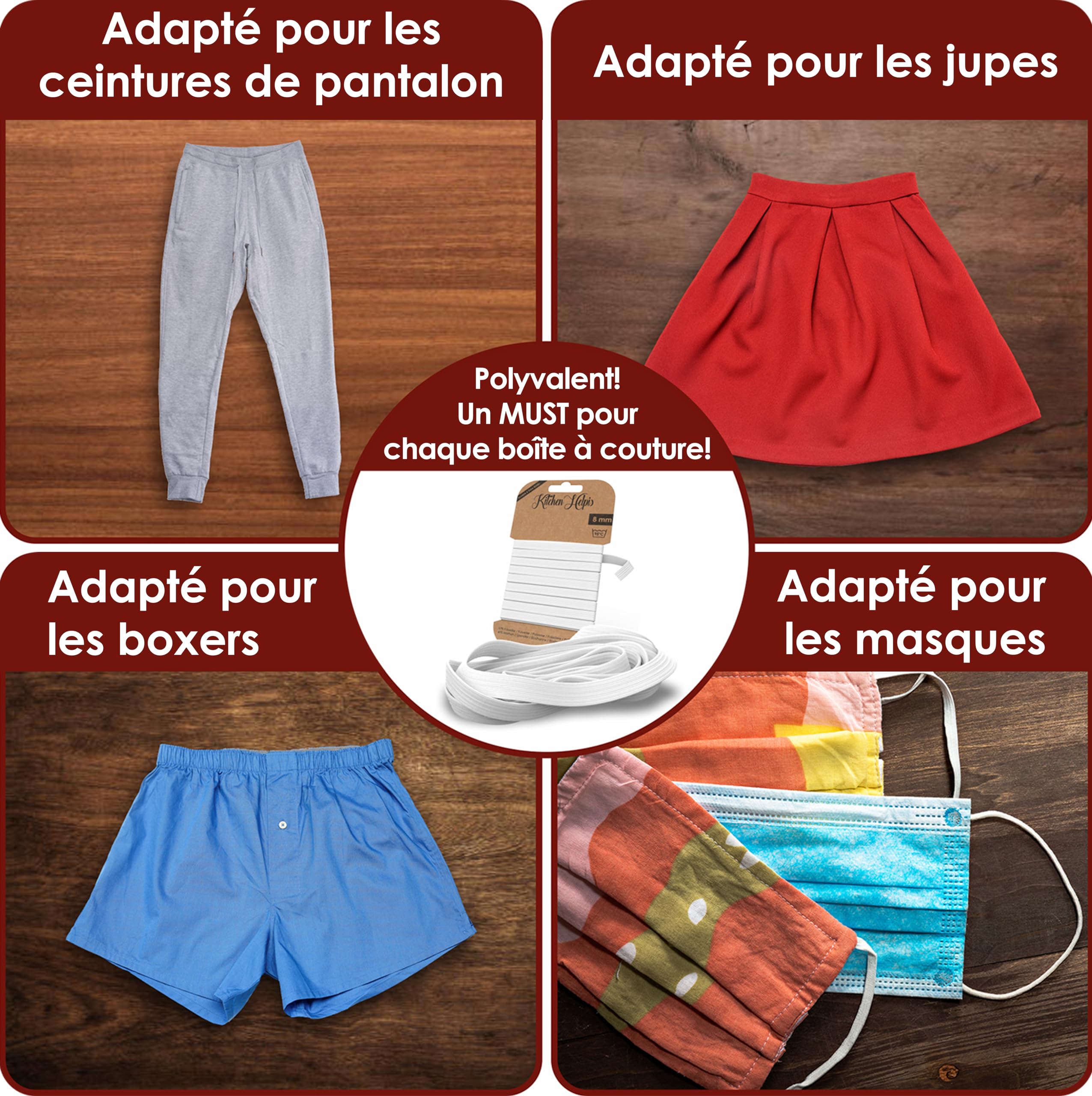 Bande Élastique Couture Kitchen Helpis - 3 Mètres | Pour Masques, Vêtements | Lavable 95°C