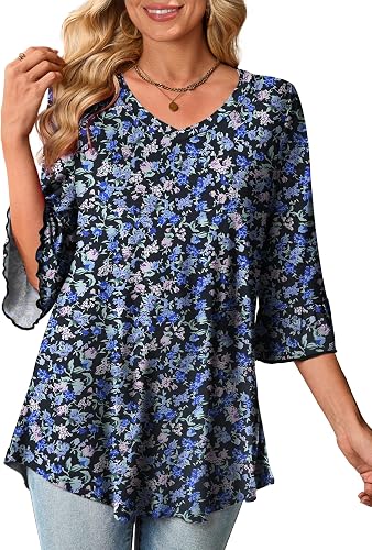 OIDUICOULD 3/4 Length Sleeve Womens Tops Summer V Neck Ruffle Bell Sleeve Casual