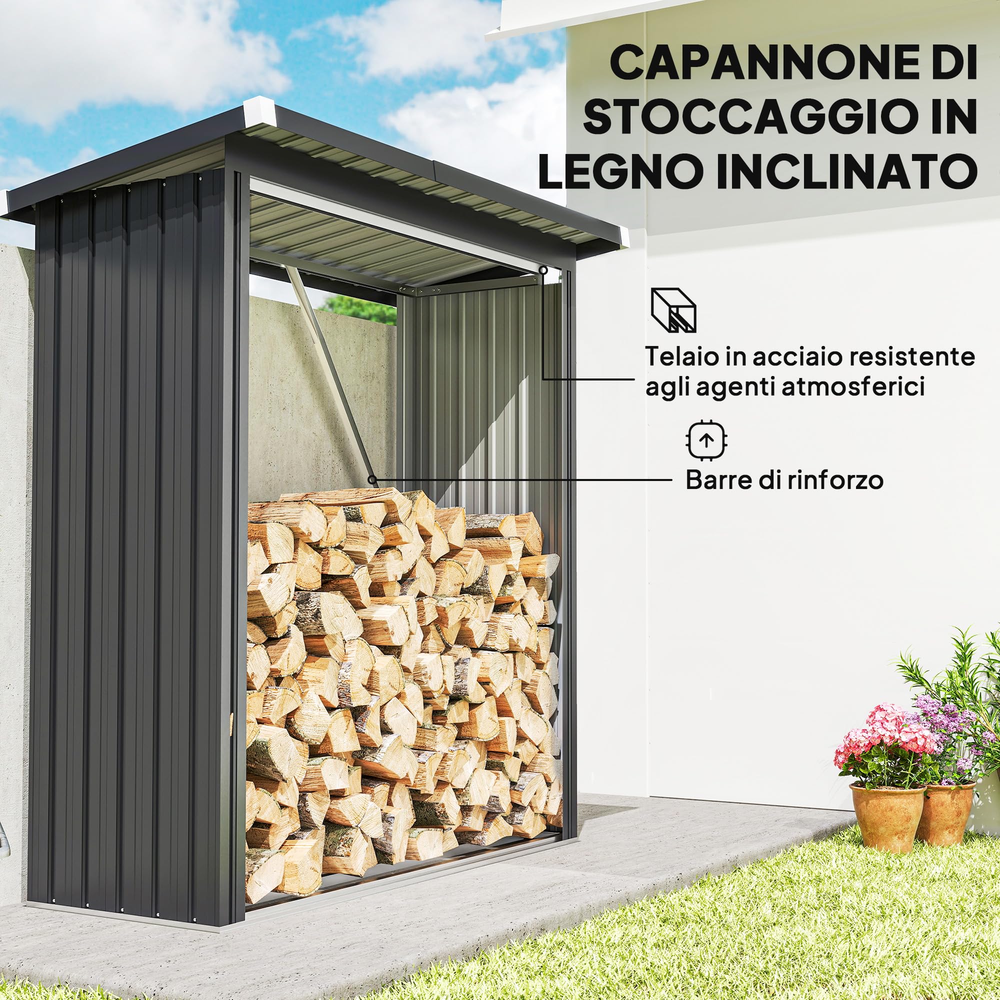 Outsunny Portalegna da Esterno in Acciaio Zincato 0.77 m² 150x66.5x150 cm Grigio Scuro