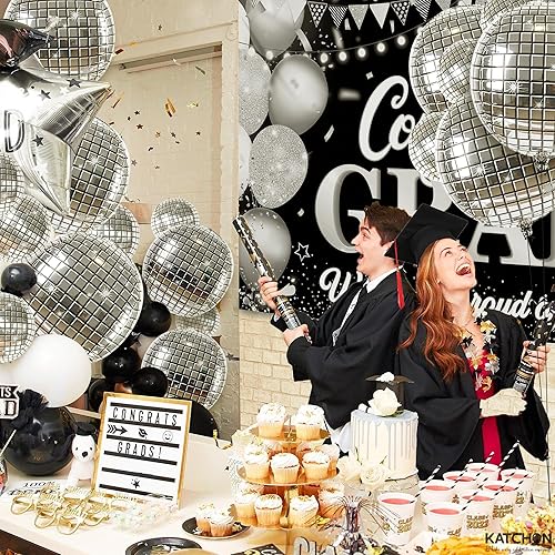 Miniatura 6 de KatchOn, Globos de bola de discoteca plateados, 32 pulgadas, paquete de 20, bola de discoteca brillante para decoraciones de fiesta de discoteca,