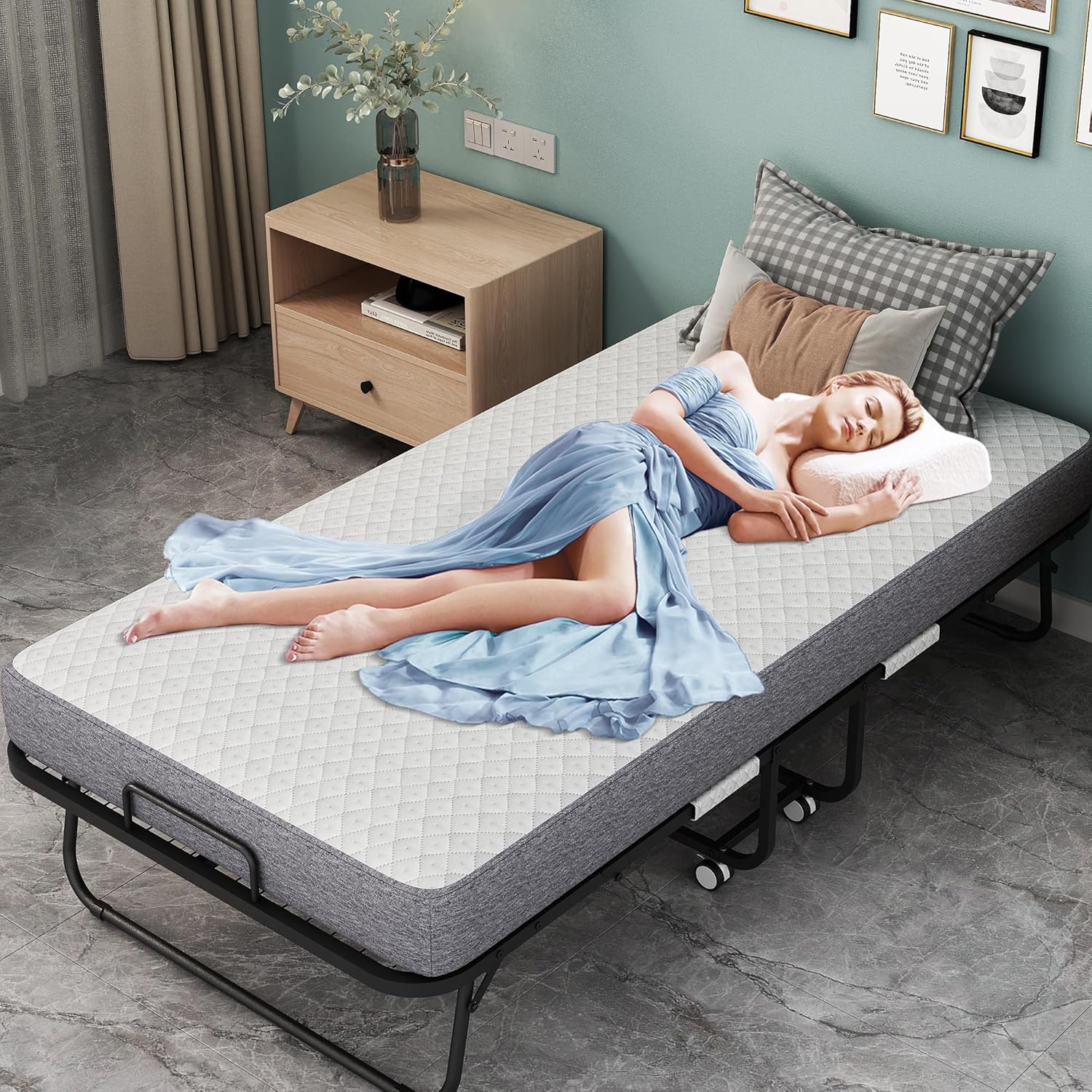 Folding Bed with Mattress 75 x 48 Twin XL Size Folded Rollaway Portable Foldable Extra Guest Bed for Adults with 5" Memory Foam Mattress Space-Saving Sturdy Metal Frame (Grid)