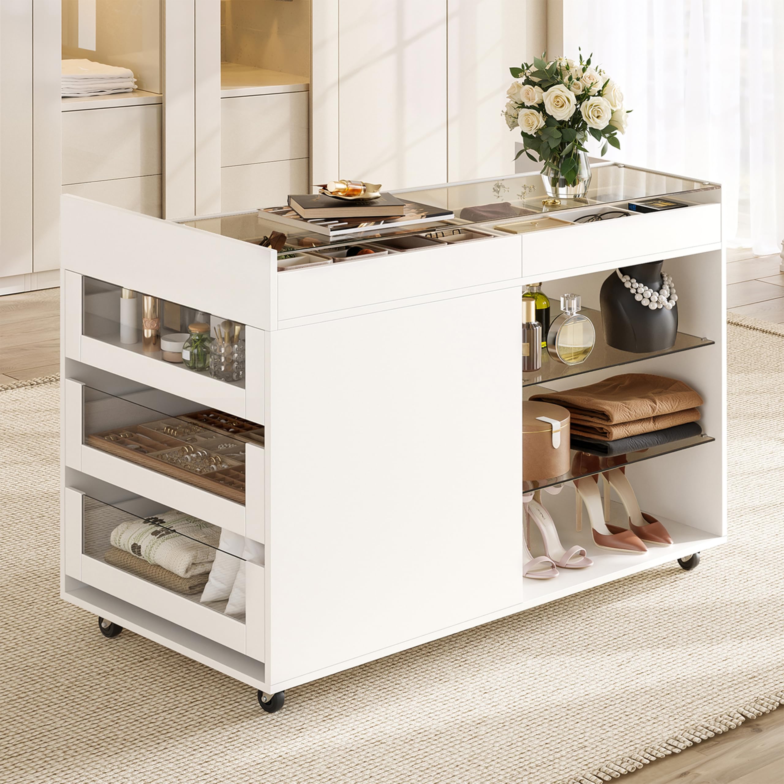 Aparador blanco, aparador para salón, armario de cocina, armario de bufé, con 5 cajones, compartimentos, equipado con ruedas, para salón, comedor, 110 × 60 × 79 cm