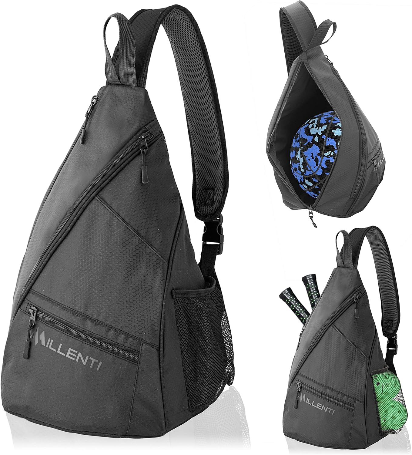 Millenti Sling Bag Crossbody Backpack - Shoulder Chest Casual Daypack Rucksack for Men & Women with a Fence Hook & Water Bottle Holder. Basketball Pickleball Bag Black PB01B