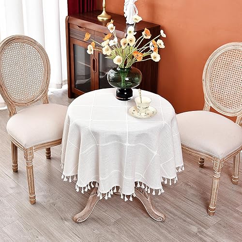 Mantel redondo a cuadros de 36 pulgadas de lino y algodón