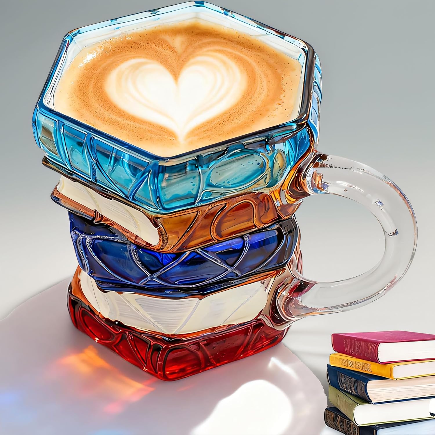 Hand Painted Book Mug Glass, Unique Design Handmade Painted Book Mug Stained Glass, 7oz Handcrafted 3D Stack Coffee Cup Unique Gift for Books Lover Readers Librarians