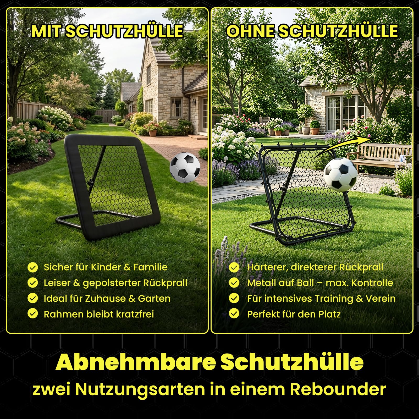 Rebounder für Fußball - Fußball Rebounder mit 32 mm Stahlrahmen- Stufenlos Verstellbar - klappbares Trainingsnetz für Schuss, Pass, Ballannahme & Torwarttraining