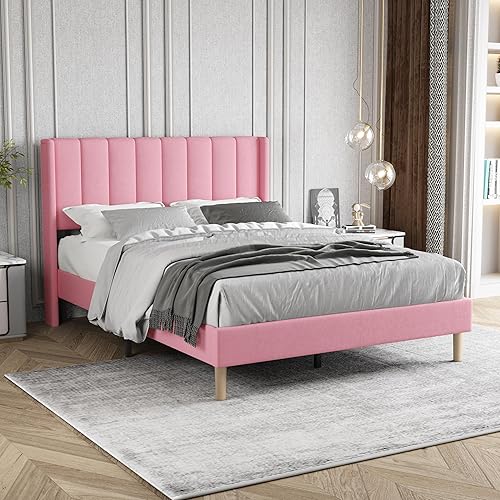 Zoophyter Upholstered Platform Bed Frame Full Size with Headboard,Mattress Foundation/Strong Wooden Slats Support/No Box Spring Needed/Easy Assembly Pink