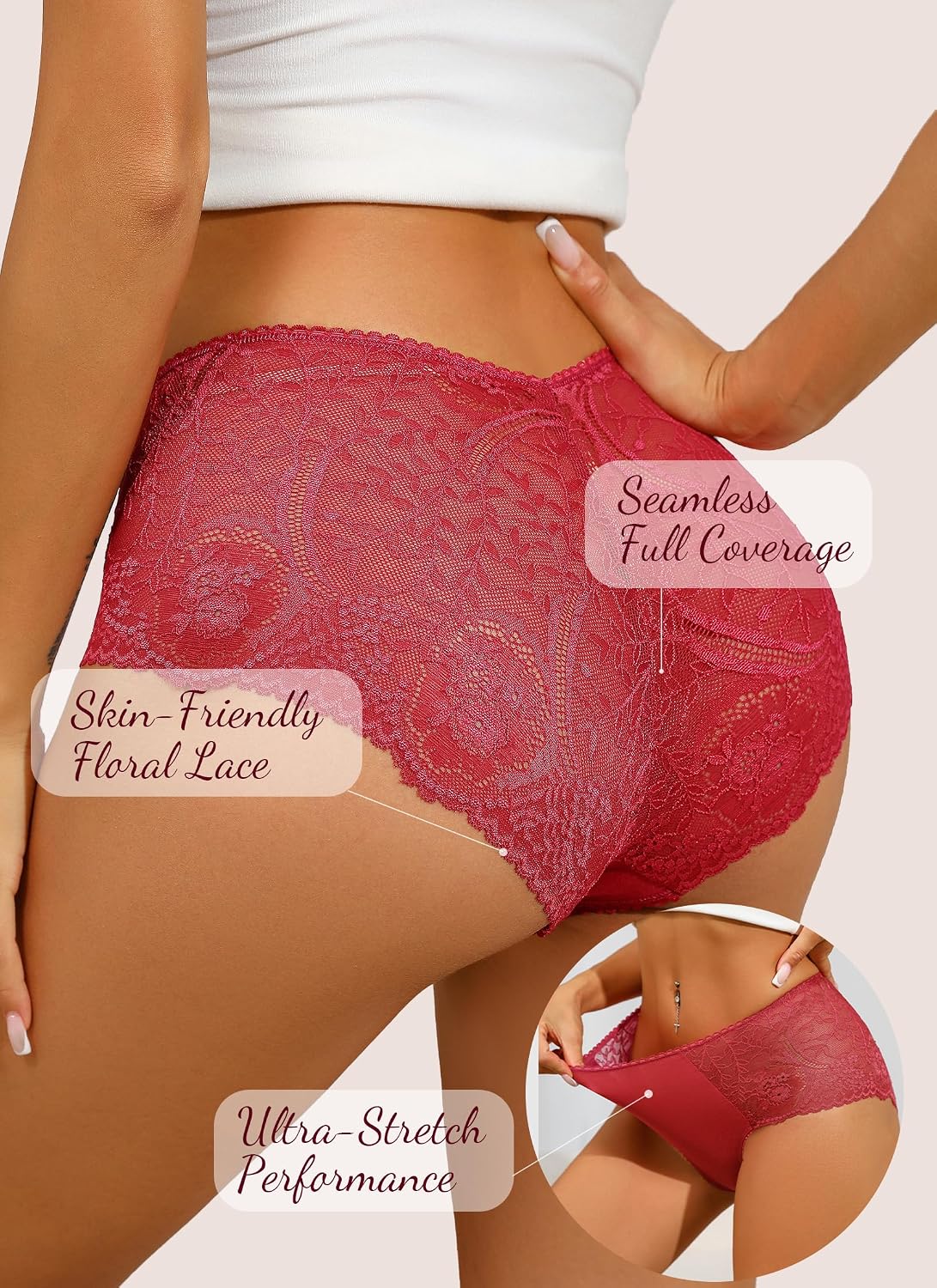 Womens Underwear Seamless Lace Trim Panties 6 Pack Invisible No Show Briefs Breathable Soft Bikini Lingerie for Women
