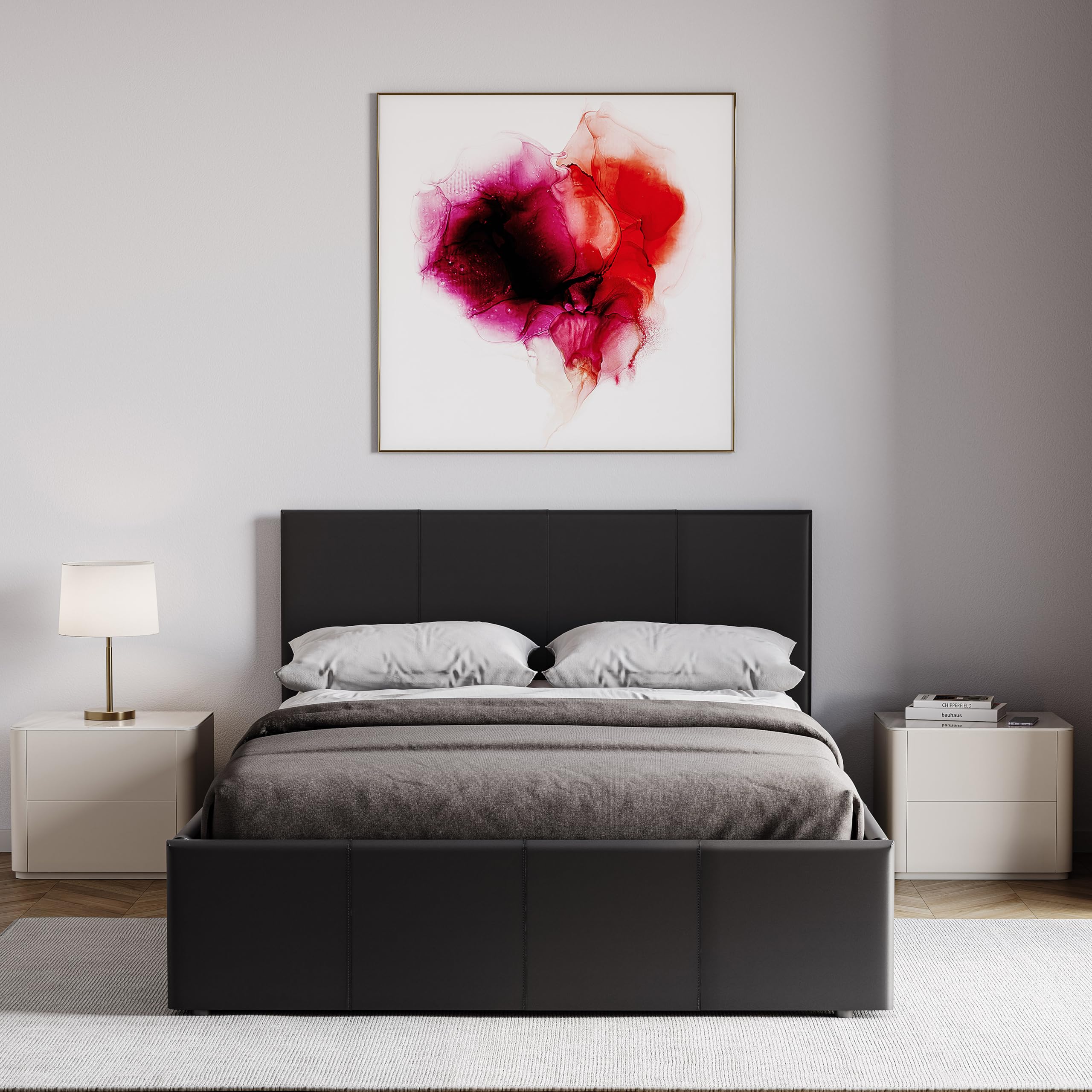 Vida Designs Lisbon Small Double Bed, 4Ft Ottoman Bed Frame Upholstered Faux Leather Headboard Low Foot End Bedroom Furniture, Black (UKFR Certified) โ image 1