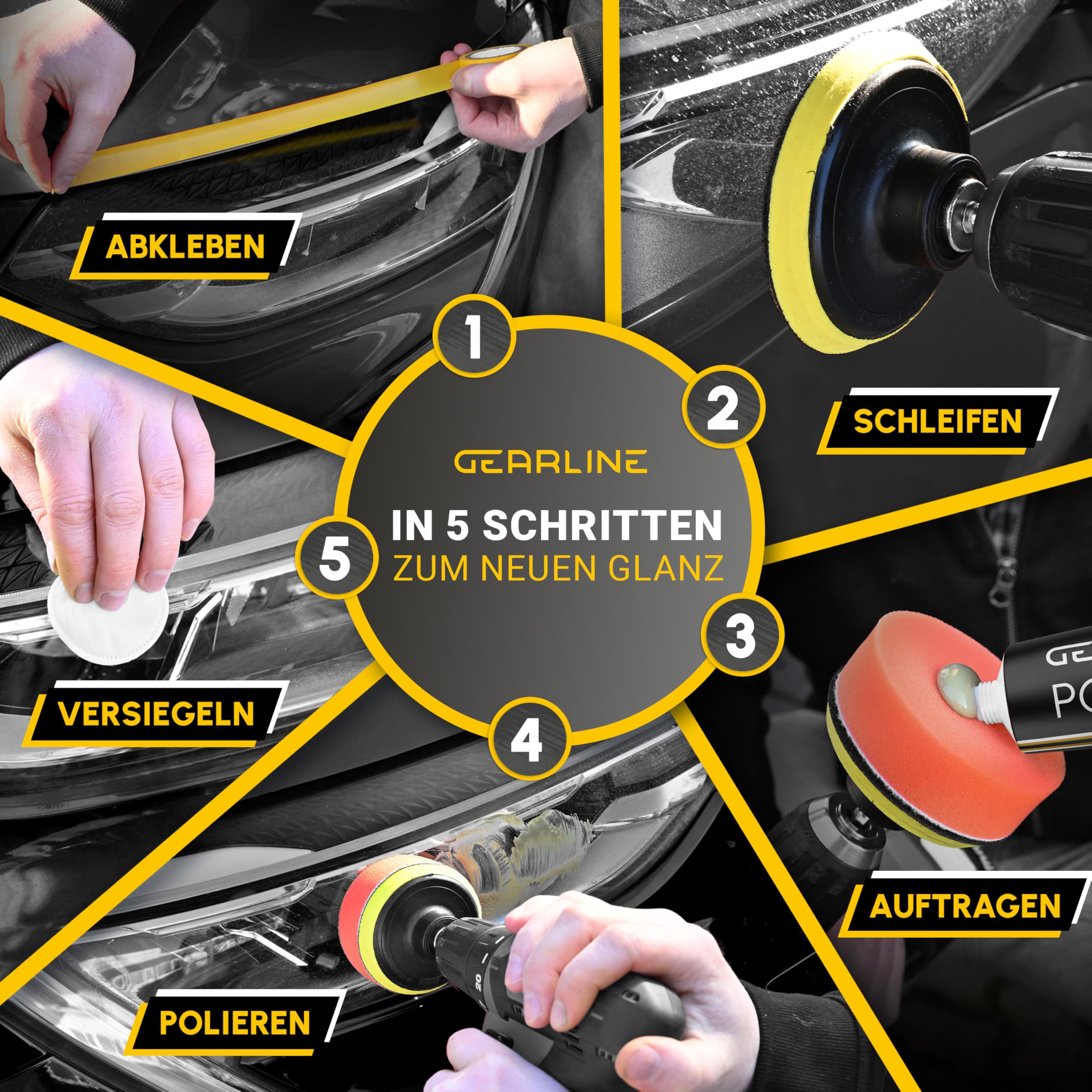 Scheinwerfer Aufbereitung Set [24 Teile] - Polierset für matte & blinde Scheinwerfer - Inkl. UV-Schutz, Polierpaste, Adapter & 14 Schleifscheiben - Auto Polierset zur Aufbereitung