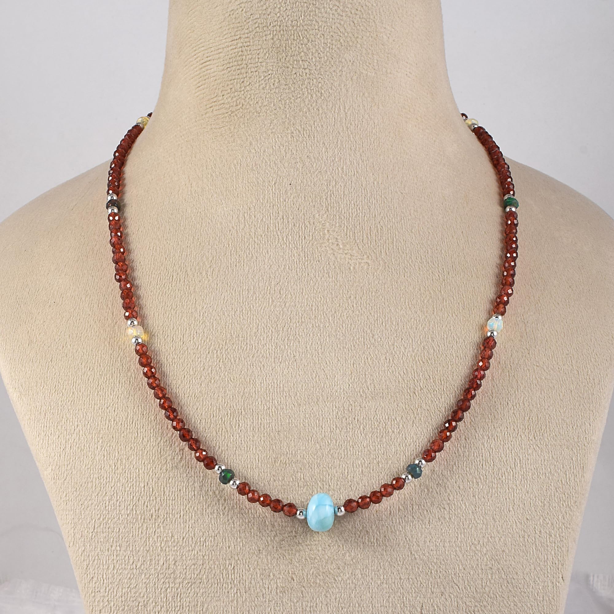 Collar de plata de ley 925 con granate natural y larimar, joyería minimalista de cristal curativo, cuentas facetadas redondas, hebra de 18 pulgadas, regalo único de piedras preciosas,