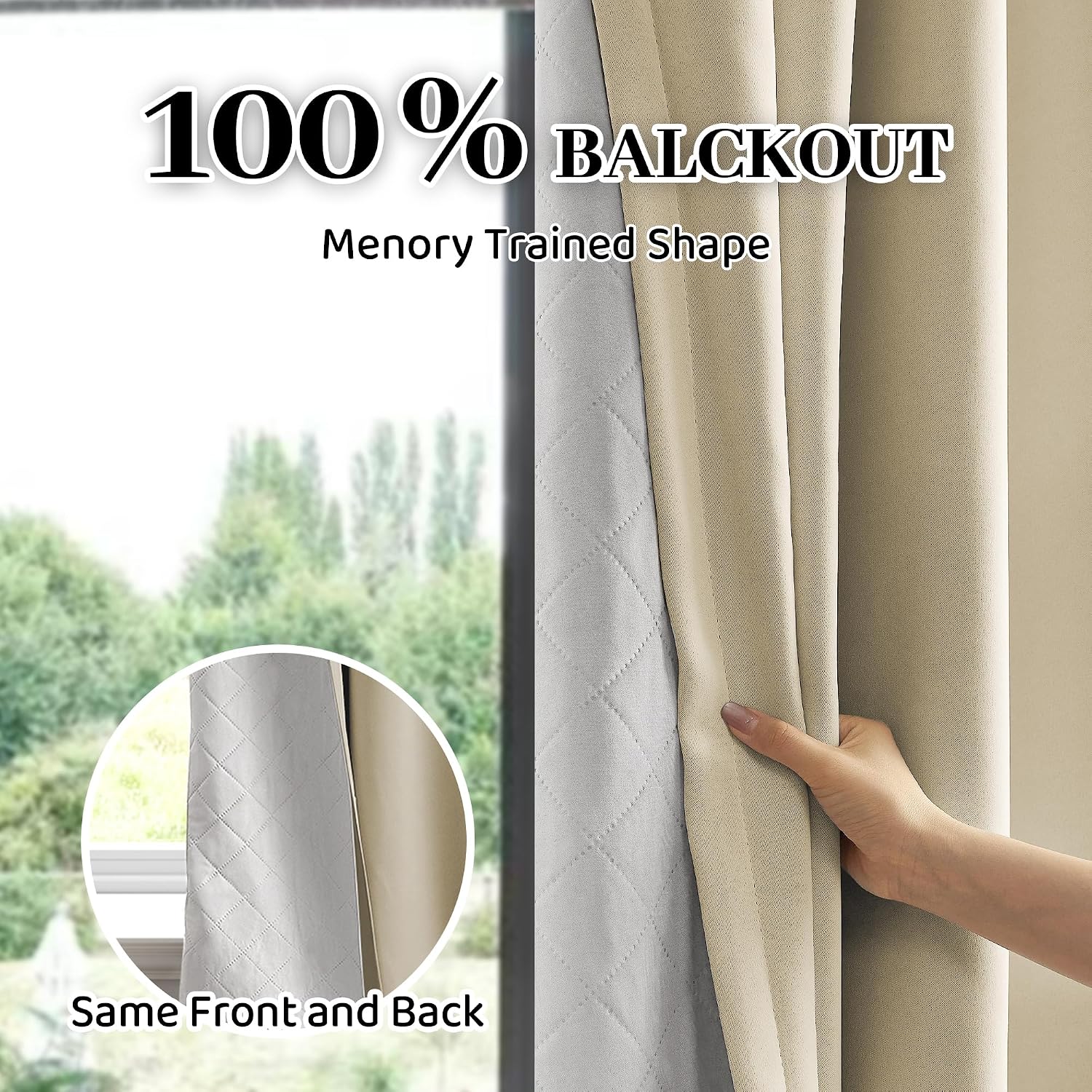 100% Blackout Thermal Insulated Curtains, 3 Layers Noise Absorbing, Soundproof Back Tab Drapes for Sliding Glass Door Baby Nursery Bedroom with Hooks, Beige 50x84 Inch Set of 1