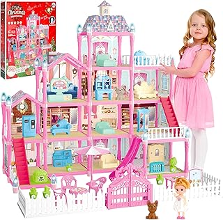 OCTERIC Doll House for Girls ,11 Rooms Dollhouse with Dolls Figure, Puppies ,Furnitures, Accessories, LED Light, Toddler Playhouse Gift for for 3 4 5 6 7 8 9 10 Year Old Girls Toys (Pink)