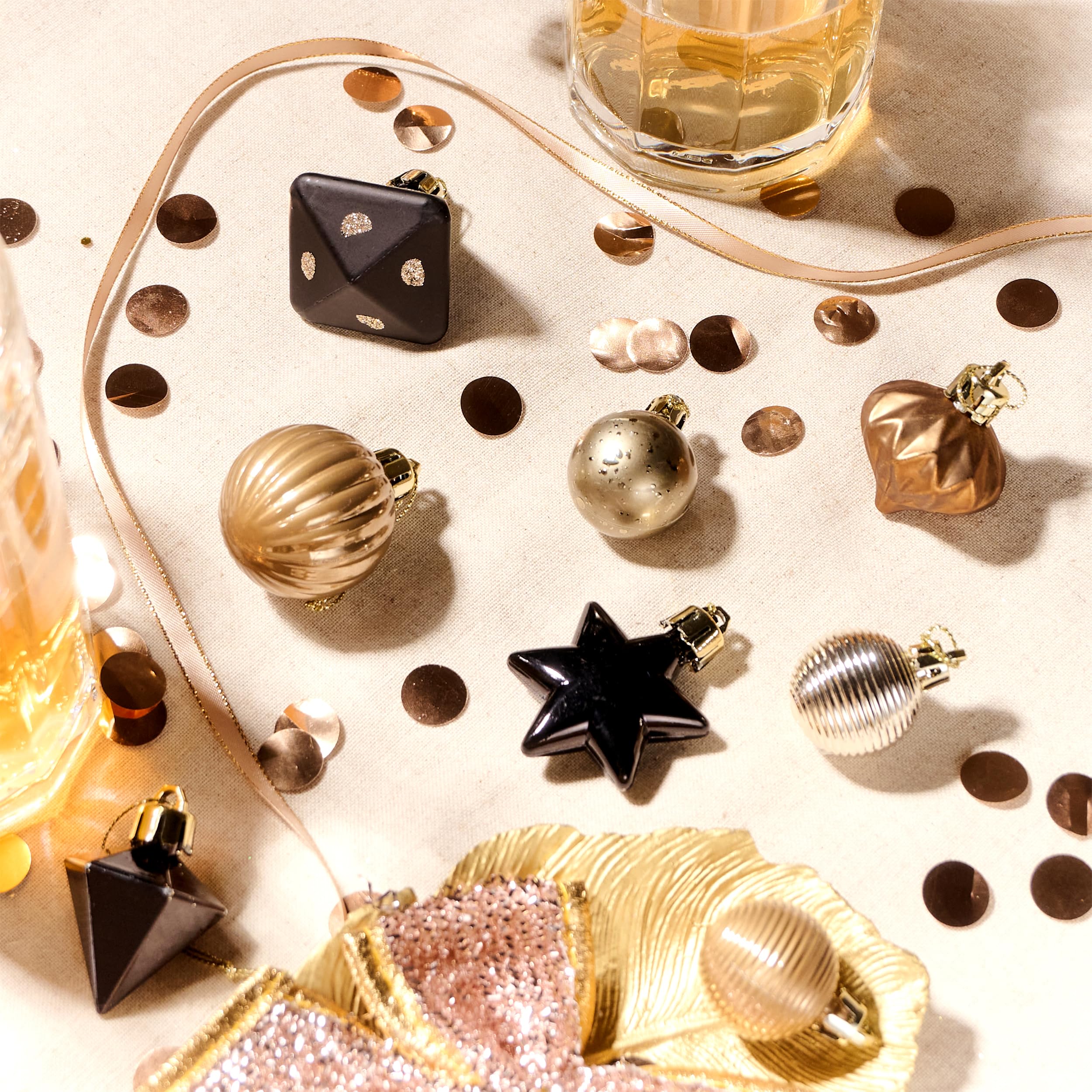 DecorbyHannah 45ct Mini Black Gold Christmas Ornaments Set for Tree Decorations, Shatterproof Small Copper Brown Ball Ornaments for Mini Tree, Table Party Decor