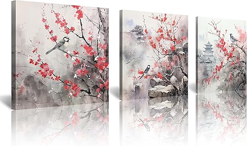 Acuarela de estilo asiático tradicional chino arte de pared pájaro en flor de cerezo rojo, decoración de paisaje floral oriental, pintura de flores,