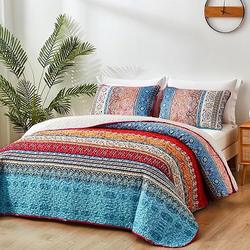 Vista 106 de WONGS BEDDING Juego de edredón bohemio tamaño Queen Aqua, juego de colcha de 3 piezas a rayas, de microfibra ligera y suave bohemia para todas