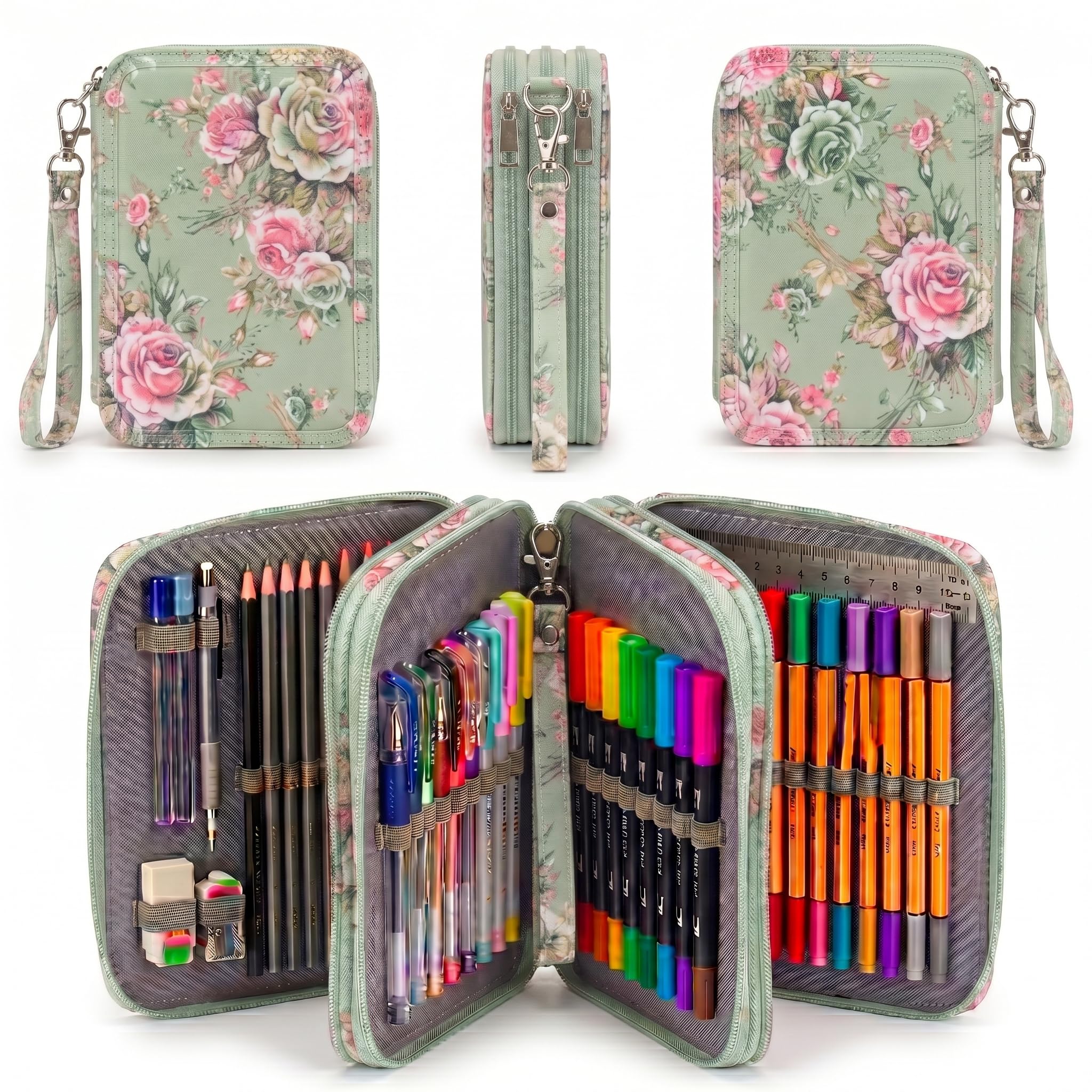 JERN Large Capacity Pencil Case, 78 Slots, 3 Layer Zipper Organiser with Wrist Strap, Floral, for School, Art Supplies & Office (Green Floral)-image-16