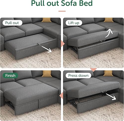 Miniatura 6 de HONBAY Sofá cama modular con cama extraíble, sofá en forma de U con almacenamiento, sofás modulares para sala de estar, gris oscuro