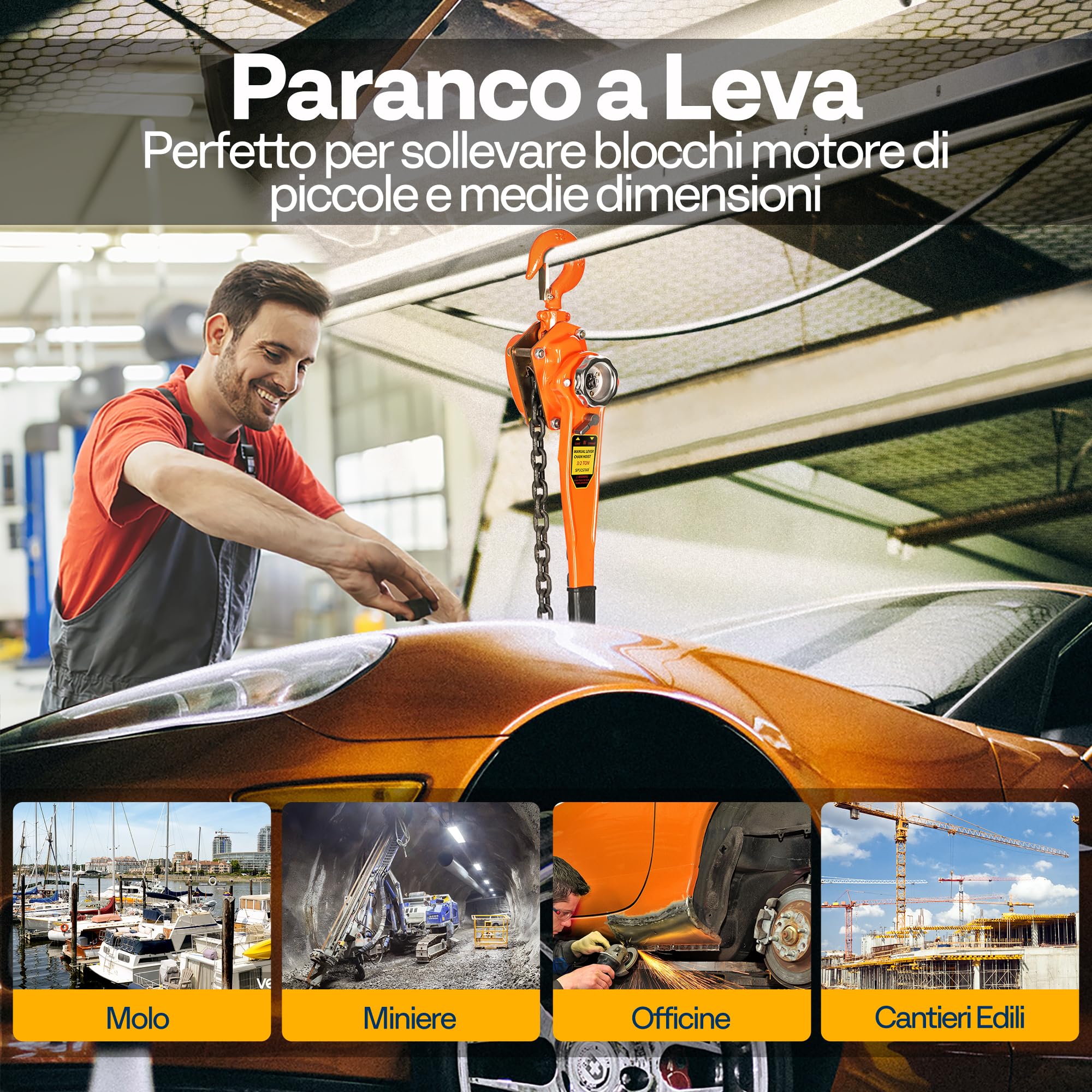 SPECSTAR Paranco a Leva Manuale Catena 1500kg in Acciaio al Manganese G80 Altezza di Sollevamento 3m Rotazione a 360° con Gancio Robusto con 3m Doppia Catena