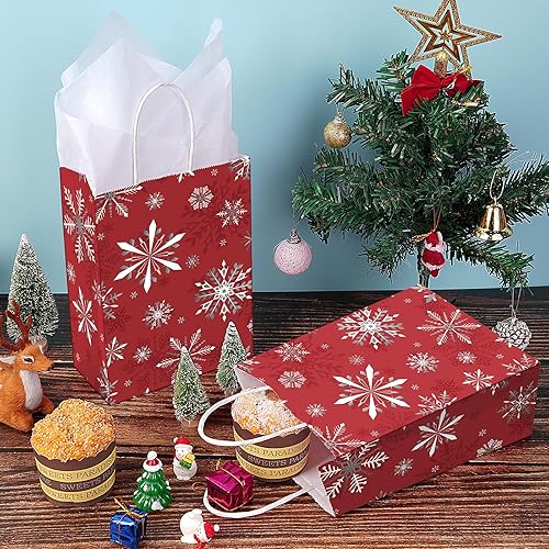 Miniatura 4 de Zachely 24 bolsas de regalo de copos de nieve de Navidad, bolsas de regalo de color rojo invierno a granel con 24 papel de seda, bolsas de papel