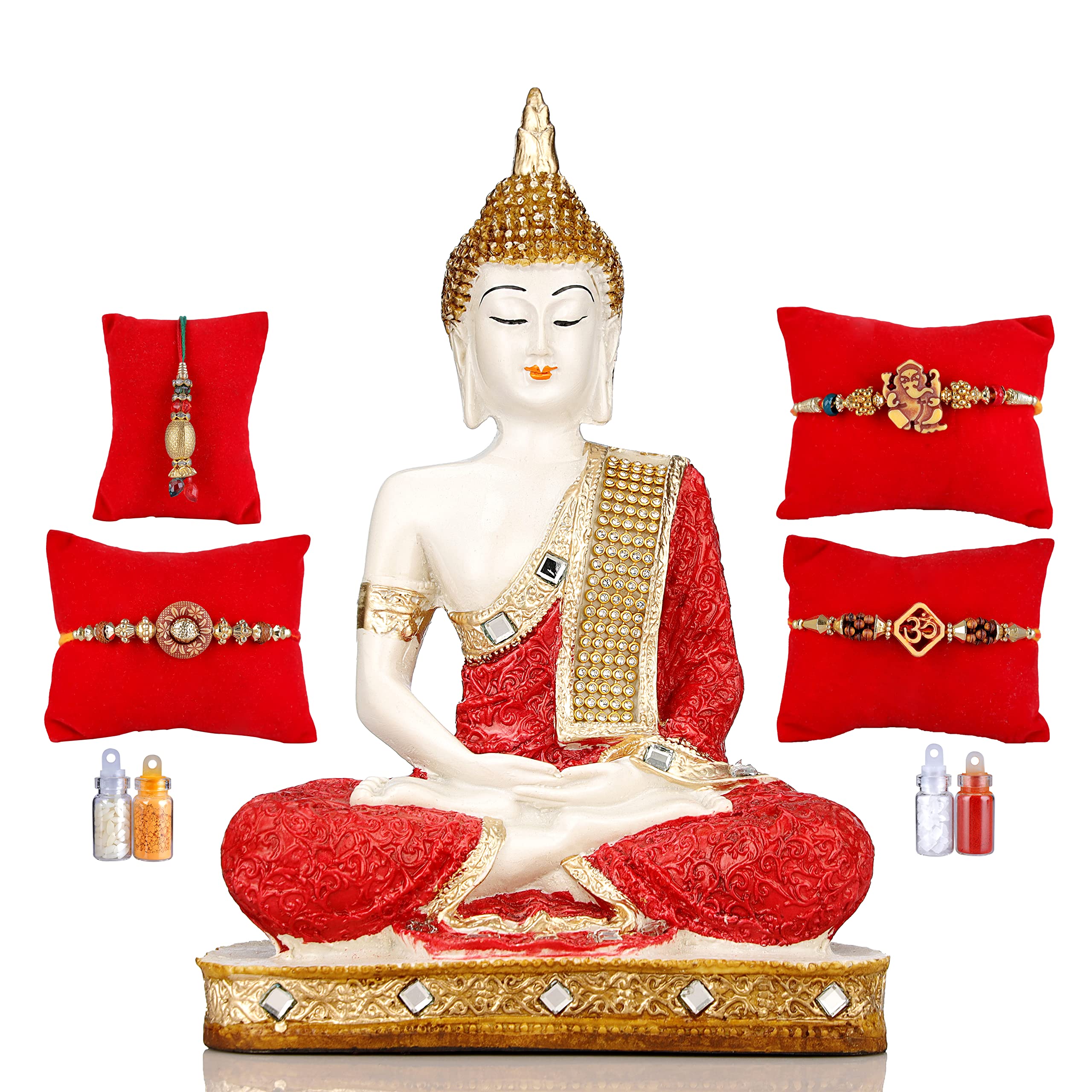 Global Grabbers Raksha Bandhan Rakhi Gift Combo Set of Four Rakhi for Brother Bhaiya Bhabhi Rakhi Set with Idol Statue Showpiece-RAK-RD_WT/GL-BS2-(101)
