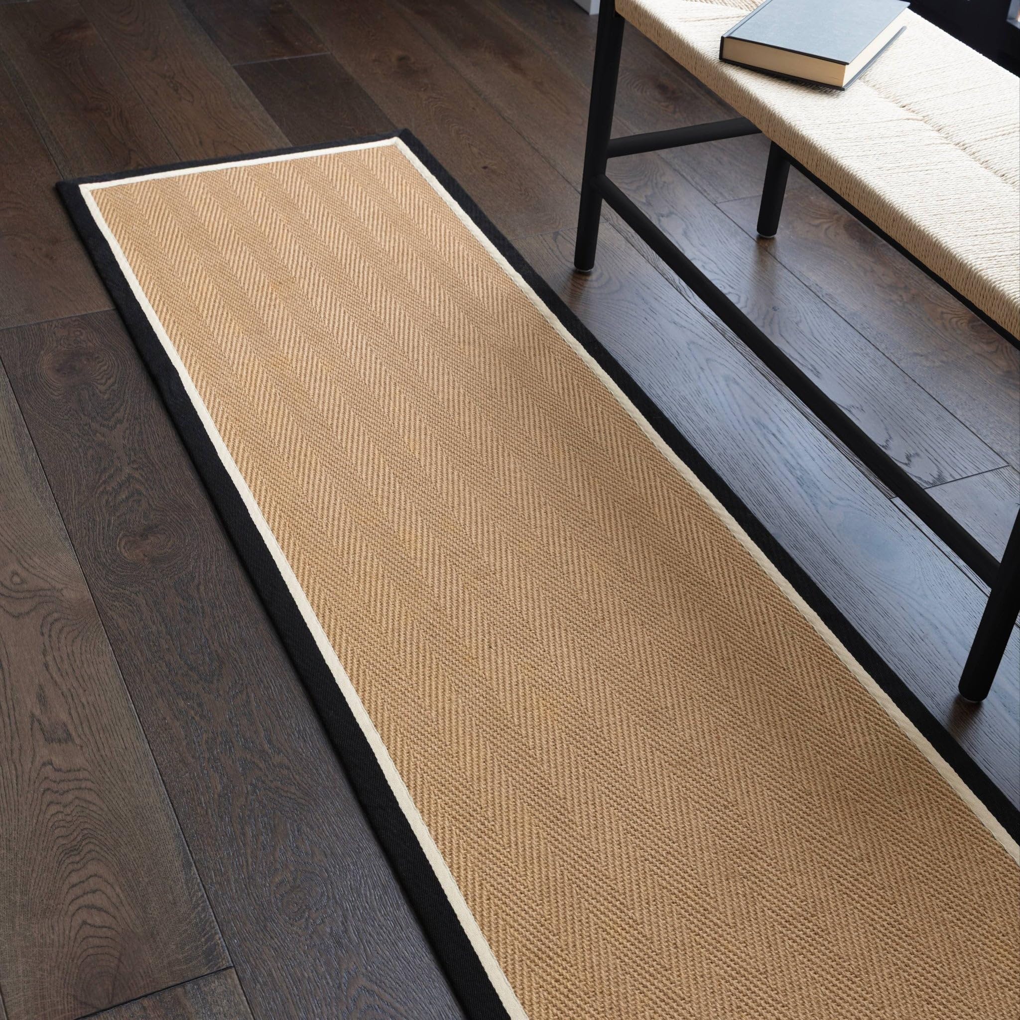 Lord of Rugs Natural Jute Flatweave Rug with Cotton Border LinoWeave Herringbone Design Beige Natural Living Room Bedroom Dining Area Rug Charcoal Cream, Runner 68 × 240 cm (2'3"x7'10")