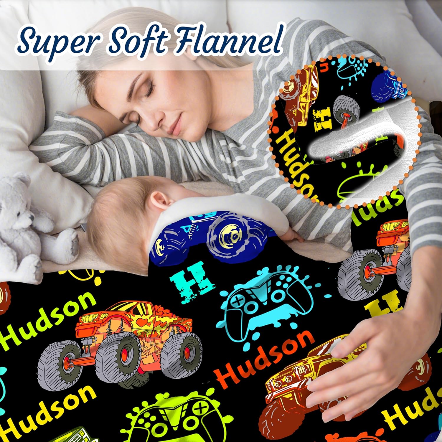 Personalized Custom Colorful Game Truck Name Blanket for Boys & Girls, Soft Cozy Swaddle Newborn Receiving Blanket with Name, Christmas Birthday Gift 50''x 60''