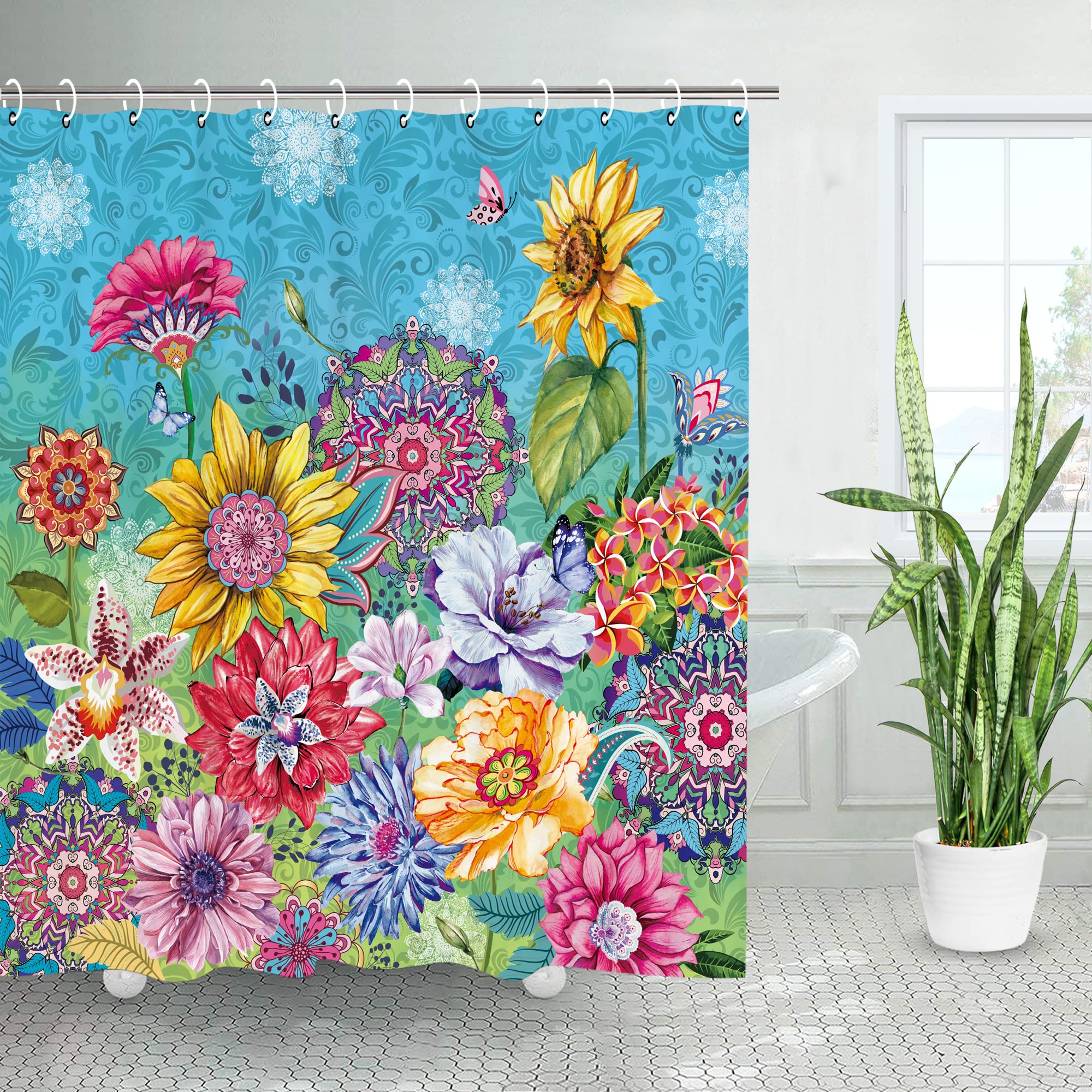 LIVILANBoho Floral Shower Curtain, Colorful Shower Curtain Bohemian Shower Curtains for Bathroom Flower Shower Curtain Hooks Bright Sunflower Shower Curtain, 72" W x 72" H