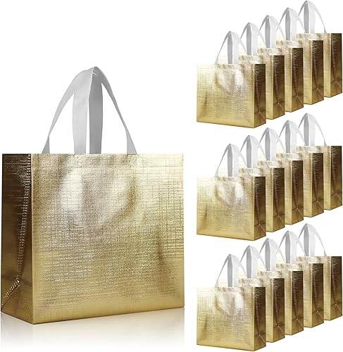 cabzymx 16 bolsas de regalo reutilizables de color dorado brillante, bolsas de regalo de vacaciones con asas y bases, bolsa de regalo no tejida a