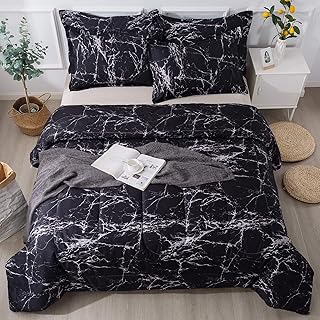Litanika Black Marble Comforter Full(79X90Inch), 3 Pieces (1 Marble Comforter+2 Pillowcases) Soft Lightweight Microfiber Comforter Bedding Set for Men and Women
