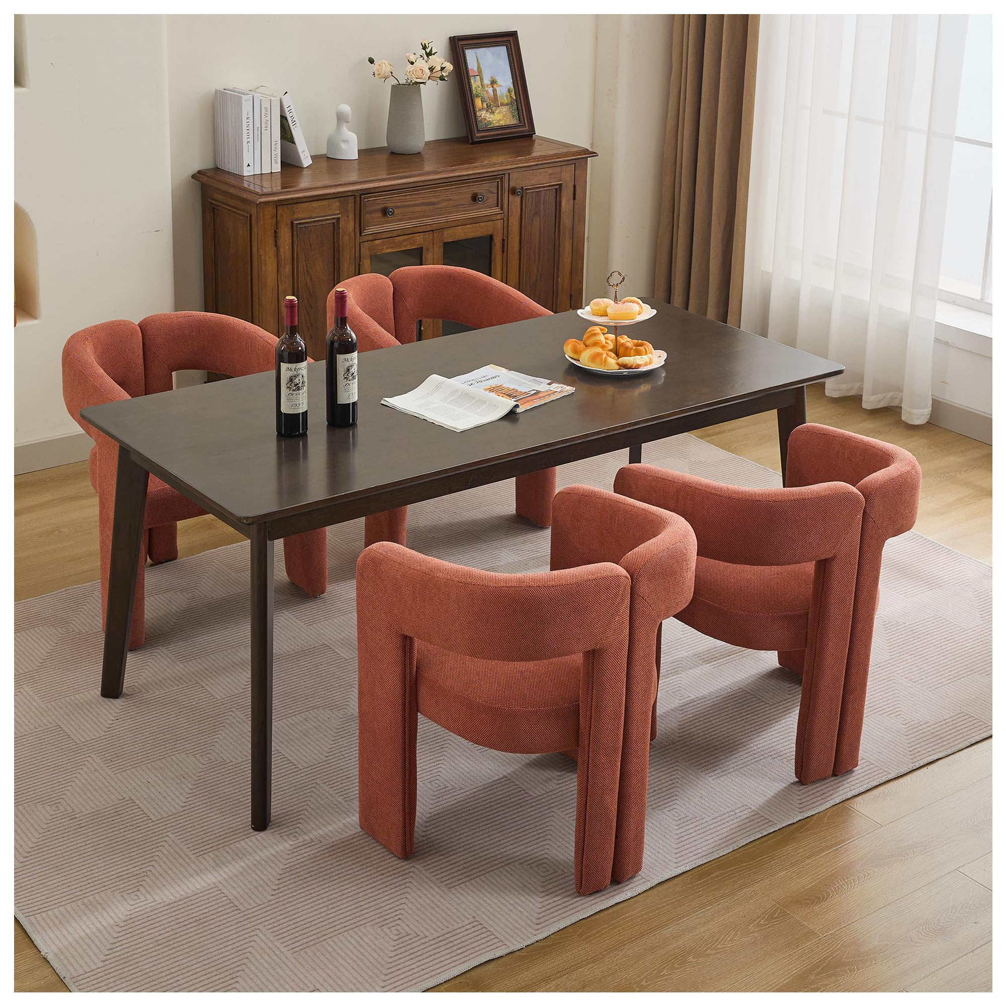 adochr Modern Barrel Dining Chairs Set of 4, Upholstered Linen Dining Room Chair with Wooden Legs, Accent Chairs with Arms, Comfy Side Armchairs for