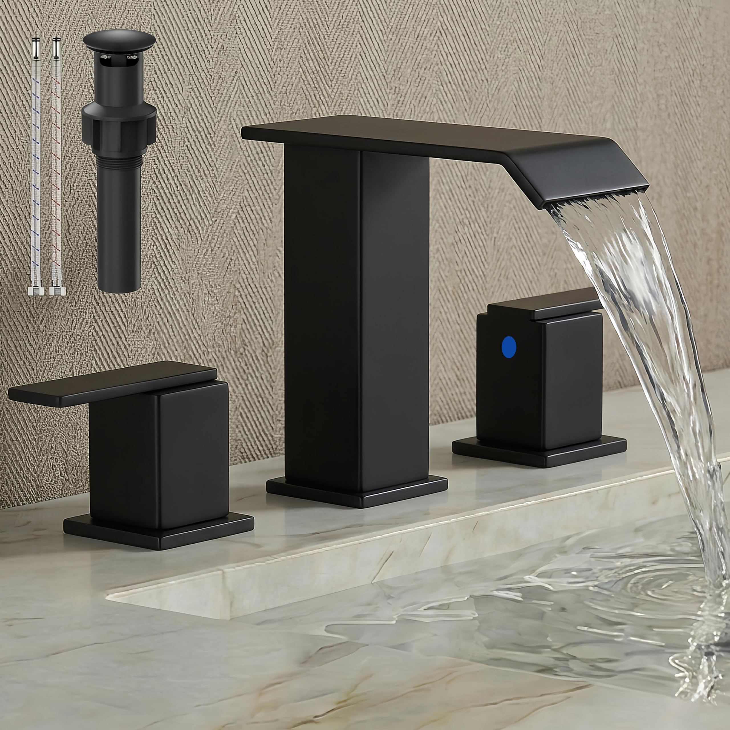 8 Inch Widespread Bathroom Faucets 3 Hole, Modern Aesthetic Waterfall Sink Faucet with Pop Up Drain &amp; Supply Lines, Anti-Splashing &amp; Stain-Resistant Matte Black Vanity Faucet for RV &amp; Remodel