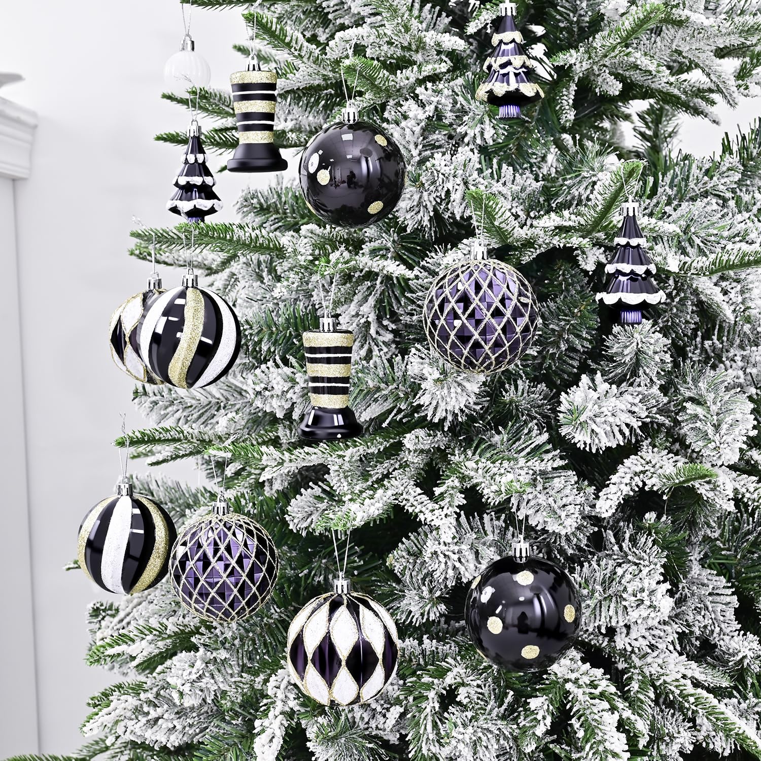 SVNVIOZ Juego de 40 bolas de Navidad de 8 cm, bolas de Navidad inastillables, color negro, dorado y blanco