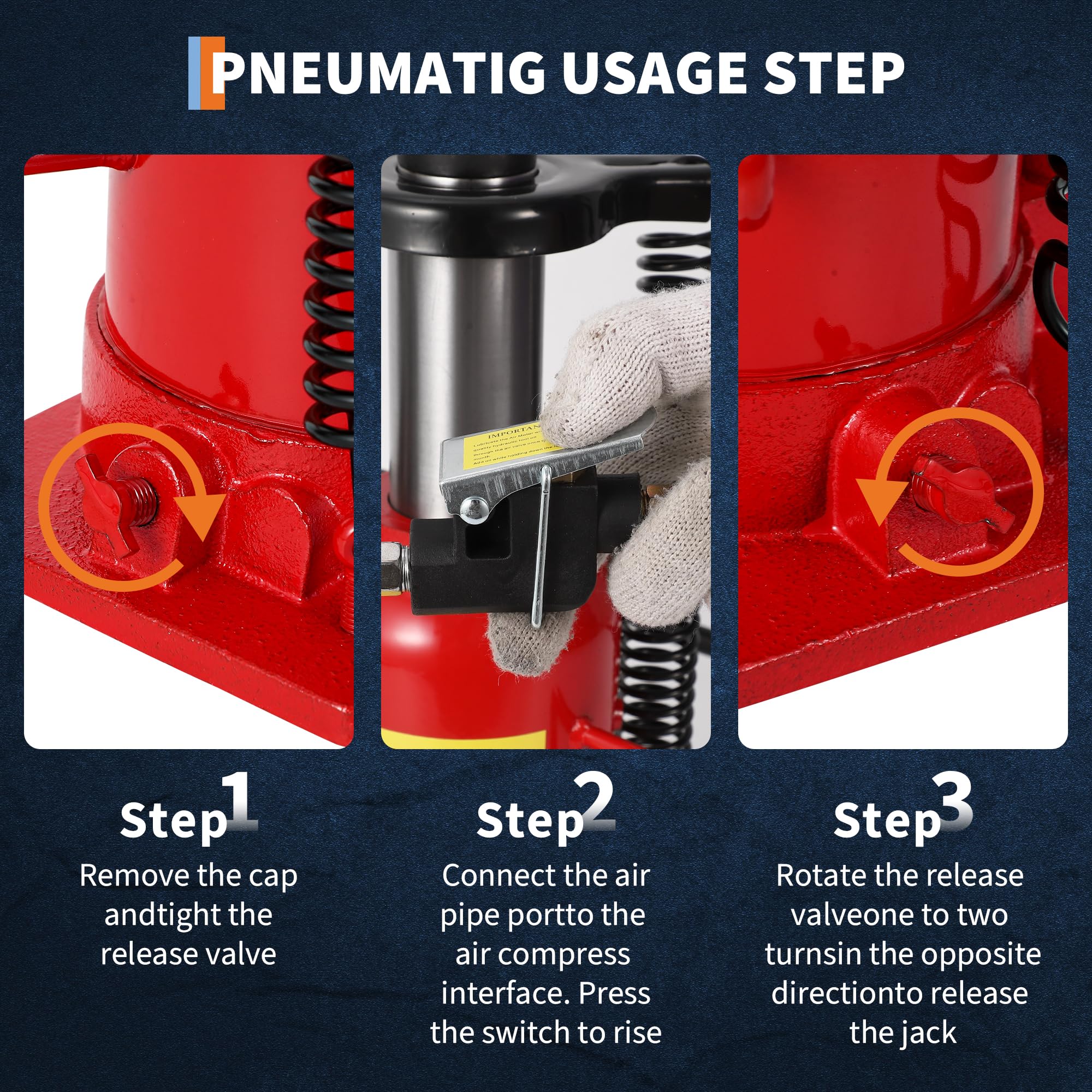 Cric Idraulico a Bottiglia Pneumatico 20T – Profilo Basso – Doppio Azionamento Manuale/Aria – Struttura Saldata Anti-Perdita – Valvola di Sicurezza – Sollevamento 260-510 mm – Modello 8004
