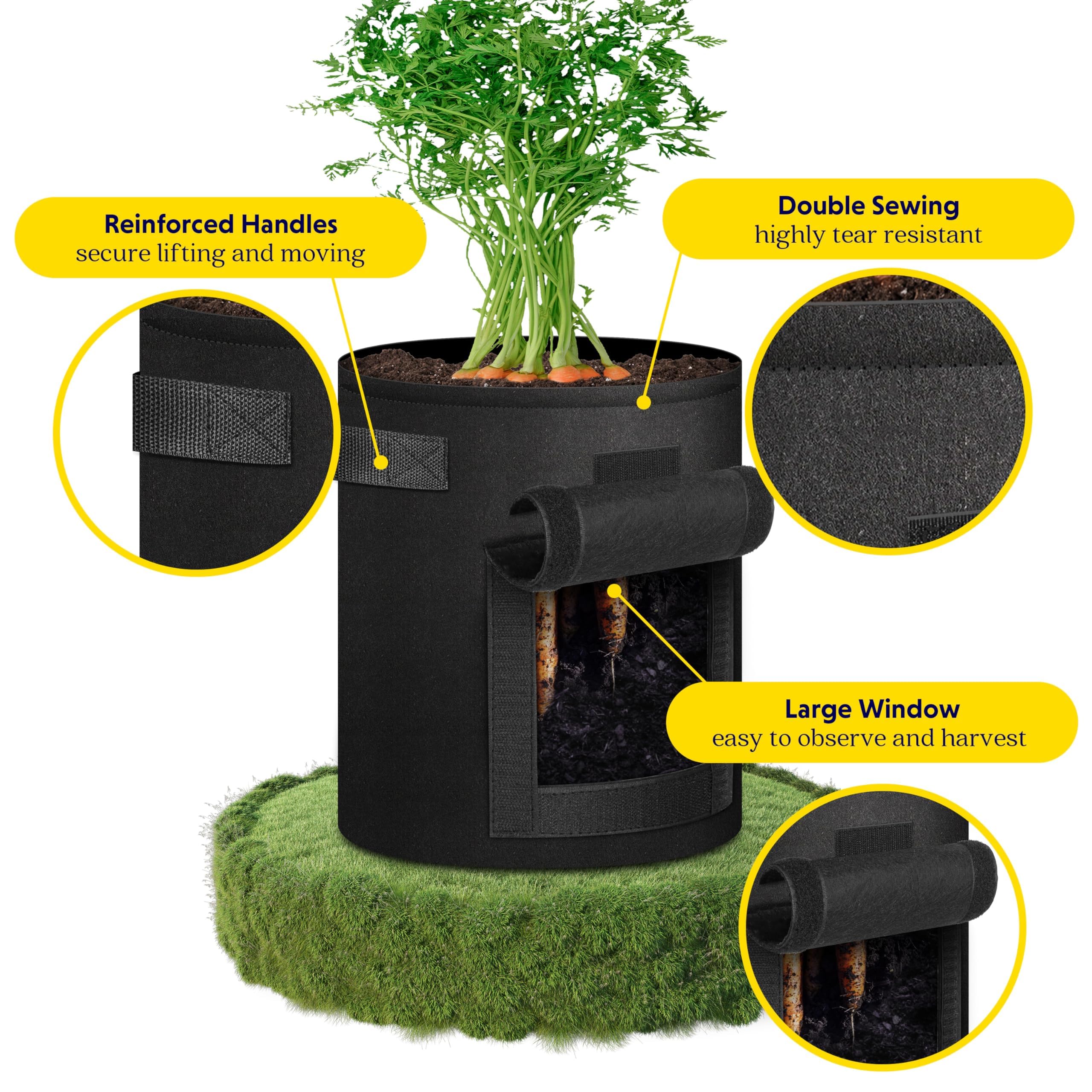 iPower Paquete de 5 macetas de jardín con Mango Duradero y Ventana de Cosecha, contenedor de Tela no Tejida Gruesa para Patatas, Tomates, Zanahorias, Verduras y Frutas, Color Negro
